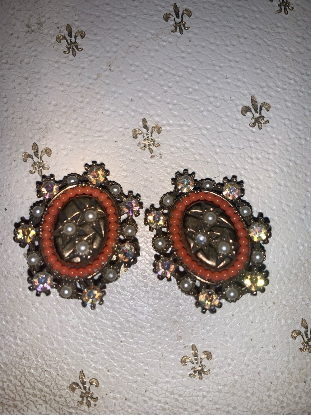 Coral bead, Pearl and AB rhinestone Vintage-Style Earrings
